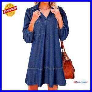Denim Babydoll Dress Casual Chic V Neck Puff Sleeve Summer Office Wear